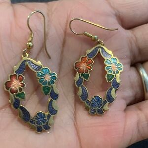Vintage Cloisonné Floral Enamel Gold Earrings
